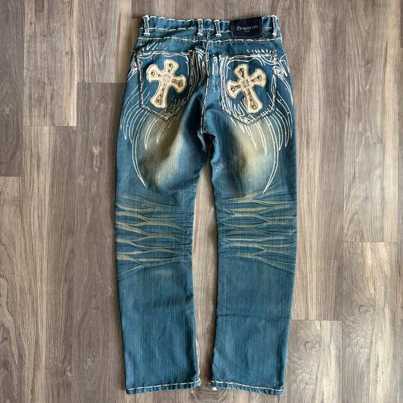Vintage Y2K Embroidered Cross Wings Jeans Men's Size 32x30 Whiskers Medium Wash - Picture 1 of 5